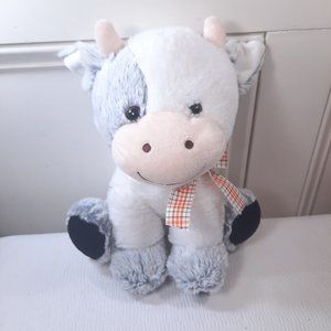 Walmart Cow plush Stuffed Animal‎ White grey plaid bow gray horns calf sitting